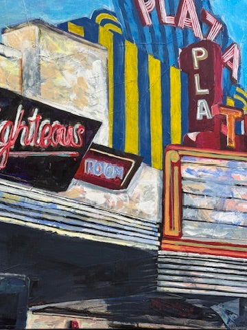 Close-up detail of At the Plaza, showing both the Righteous Room and Plaza signs together from a low angle, painted in rich yellows, blues, and reds with bold, gestural acrylic strokes evoking the vibrant street-level energy of Atlanta.