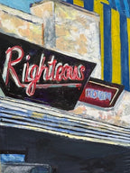Close-up detail of At the Plaza, showing the neon 'Righteous Room' sign painted in bold red script against a dark background with yellow and blue architectural stripes, capturing the textured, expressive brushwork of the original acrylic painting.