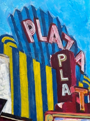 Close-up detail of At the Plaza, showing the iconic Plaza theatre marquee sign painted in vivid red, white, and blue against a bright teal sky, with thick impasto brushstrokes highlighting the energy of this beloved Atlanta landmark.