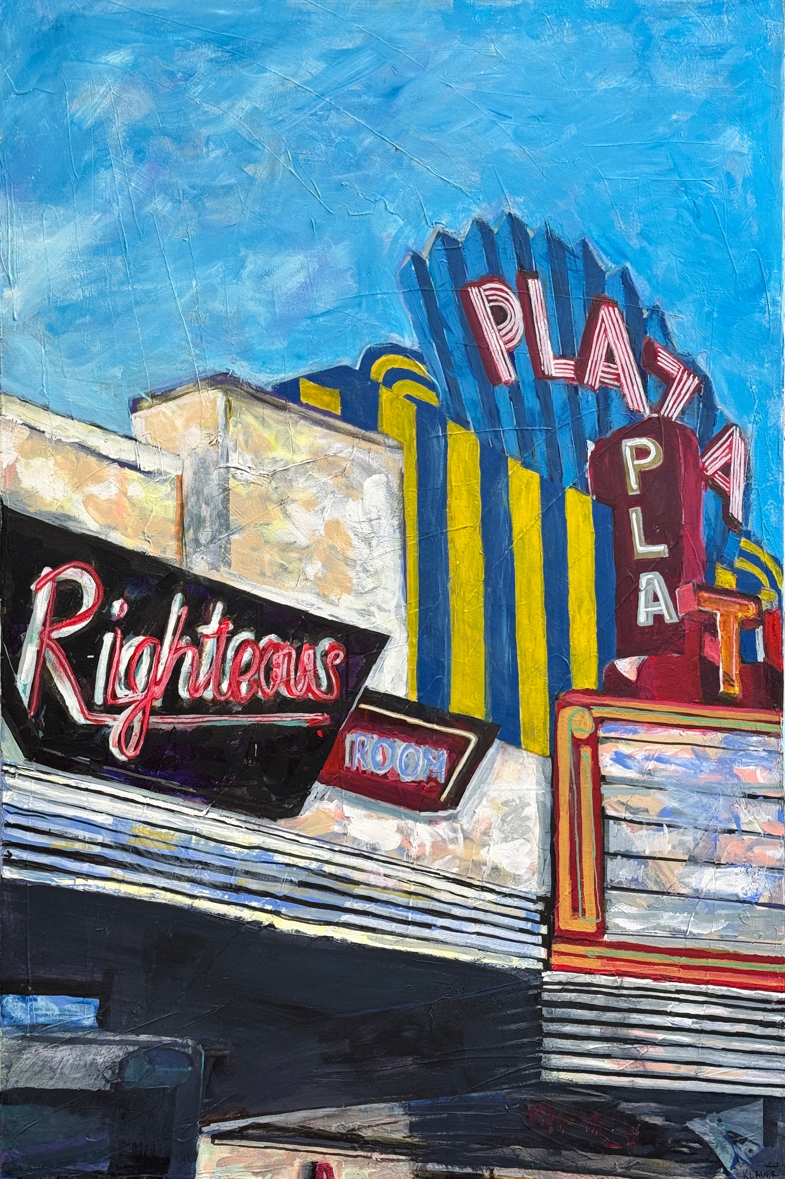 An impressionistic painting of a historic theater facade under a bright blue sky, featuring a prominent blue and yellow striped marquee with red 'PLA' lettering and a black sign reading 'Righteous' in red script.